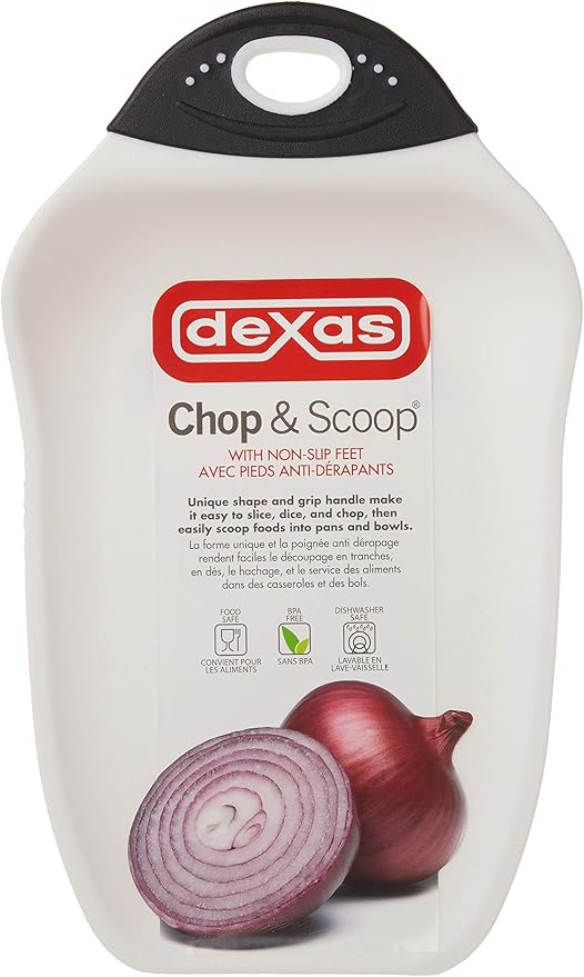 Dexas Chop & Scoop Cutting Board, Small 6.5 by 10.5 inches, White with Black Handle