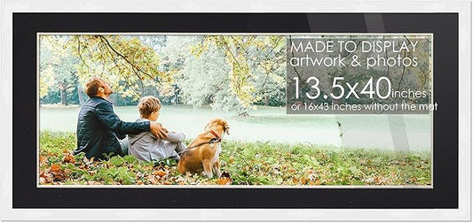 13.5x40 Frame White Wood with Black Mat | 16x43 Frame Matted to 13.5x40 | Display Your Artwork Under UV Acrylic Shatter Guard Front, with Foam Board Backing and Wall Hanging Hardware - Wood Frame