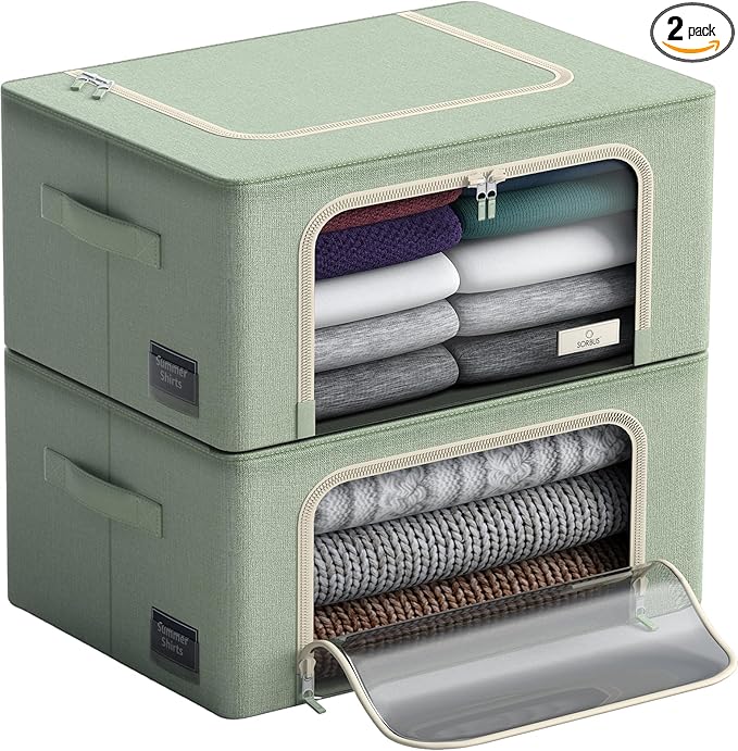 Sorbus Storage Bins with Metal Frame - Stackable & Foldable Clothes Organizer Bags - Oxford Fabric Storage Containers with Large Clear Window & Carry Handles, Bedroom Organization for Bedding & Linen