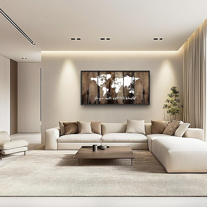 Flintis Large World Map Wall Art Go Ye Into All The World Pictures Wall Decor Abstract Canvas Painting Print Artwork Decoration Framed for Living Room Bathroom Master Bedroom Office 60L x 30W