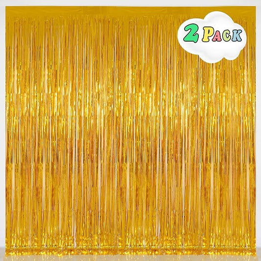Gold Tinsel Backdrop Party Decorations, Melsan 3.2 x 8 ft Foil Fringe Curtains for Birthday, Anniversary, Graduation, New Year Eve, Pack of 2