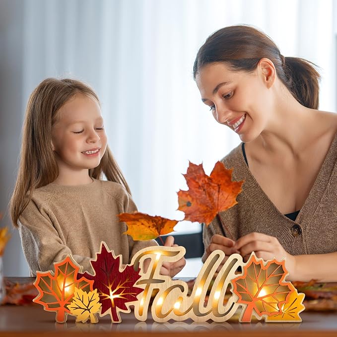 Geetery Fall Decor Thanksgiving LED Wooden Sign Rustic Tabletop Centerpiece Maple Leaves Decorations Fall Kitchen Decor for Home Thanksgiving Autumn Harvest Party
