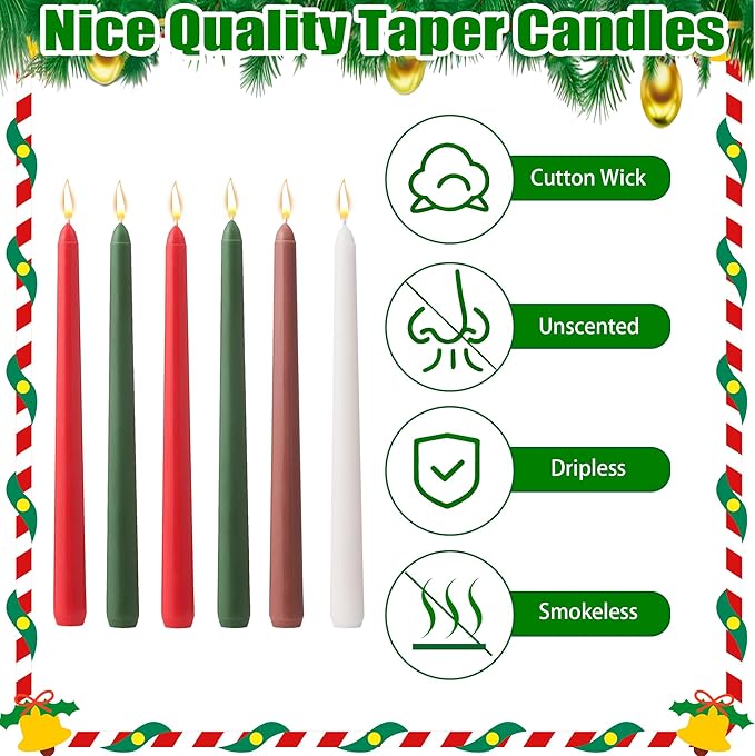 6Pcs Christmas Candle Sticks,10 Inch Dripless Christmas Taper Candle Stick,Red/Green Unscented Xmas Tapered Candles for Decoration