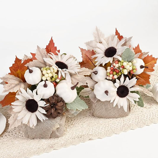Fall Decor, Fall Decorations for Home，2Pcs Artificial Fall Flowers with Burlap Base, Fall Leaves Sunflower Decor Fall Leaves, Thanksgiving Decorations, Fall Centerpieces for Tables (White)