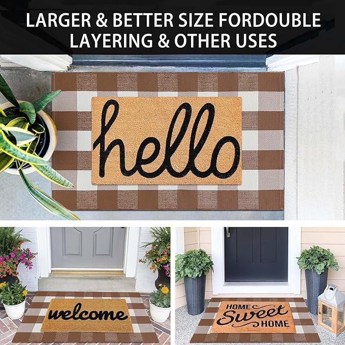 KOZYFLY Buffalo Plaid Area Rugs 27.5x43 Inches Coffee and White Checkered Rug Washable Front Door Mat Hand Woven Cotton Outdoor Rug Small Rug for Front Porch Kitchen Entryway Patio Bathroom