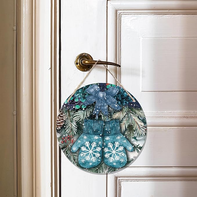 Navy Blue Winter Christmas Wooden Sign, Winter Snowflake Gloves Blue Plaid Bow Decoration Hanging Sign Wall Decor, Farmhouse Seasonal Holidays Wooden Signs for Home Door Decor 12 x 12 Inch