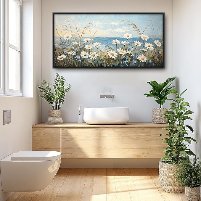 Flintis Large Ocean Daisy Framed Wall Art Beach Daisy Flower Pictures Wall Decor Abstract Natural Landscape Canvas Painting Print Artworks Framed for Living Room Bathroom Master Bedroom 60L X 30W