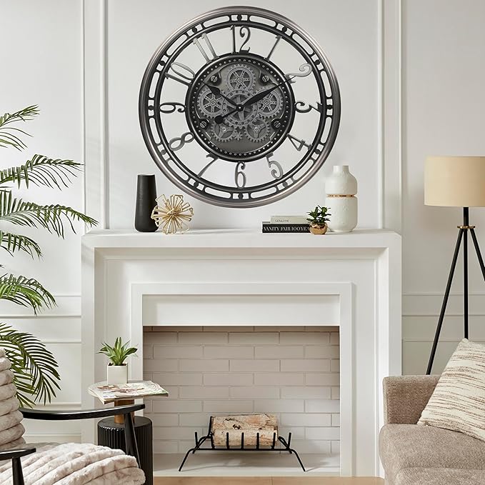 CLXEAST 28 Inch Large Industrial Moving Gear Wall Clock for Living Room Decor, Modern Farmhouse Decorative Clock for Dinning Room,Gunmetal Silver,House Warming Gifts New Home