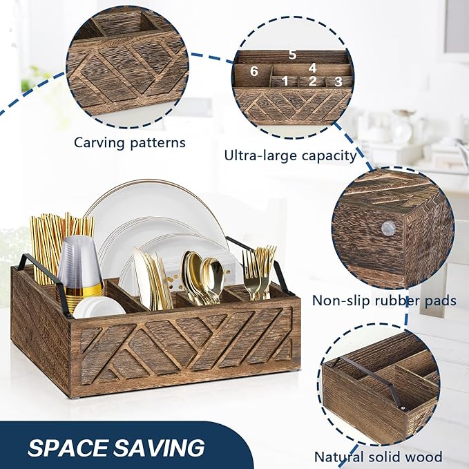 Flatware Organizers Paper Plate Dispenser with Handles, Paper Plate Holder for Kitchen Counter, Wood Rustic Silverware Utensil Caddy, Brown