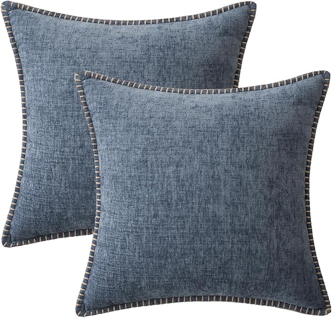 MIULEE Pack of 2 Couch Throw Pillow Covers 24x24 Inch Dark Grey Blue Farmhouse Decorative Pillow Covers with Stitched Edge Soft Chenille Solid Dyed Spring Pillow Covers for Sofa Bed Living Room