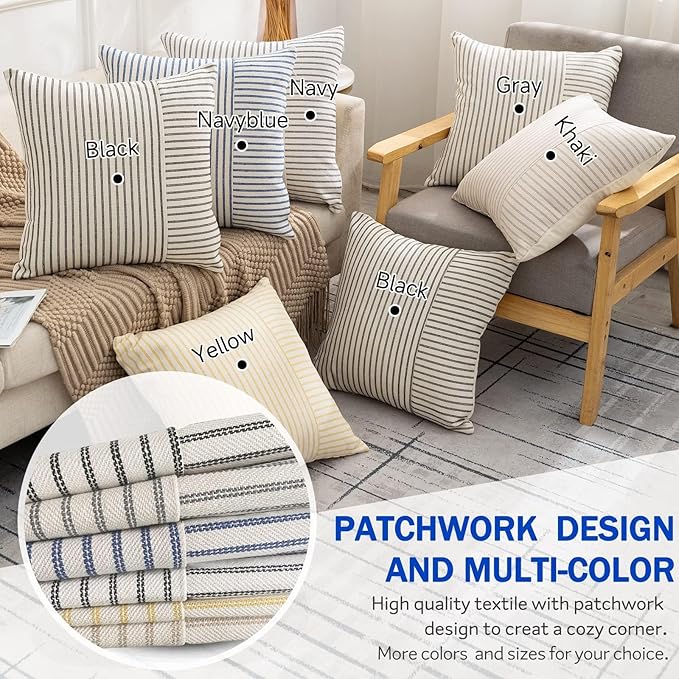 YCOLL Farmhouse Pillow Covers 22x22, Modern Accent Throw Pillow Covers Set of 2, Navy and Beige Striped Patchwork Linen Decorative Pillows Cushion Covers for Couch Chair Bedroom Fall Decorations