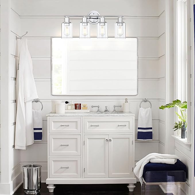 4-Light Chrome Bathroom Light Fixture Over Mirror,4-Light Chrome Vanity Lights for Bathroom Wall Light 4 Bulb