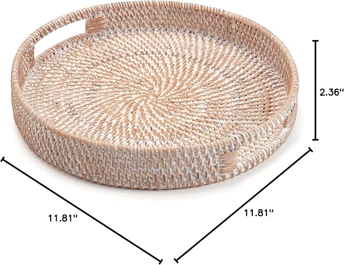 Round Rattan Serving Tray Decorative Woven Ottoman Trays with Handles for Coffee Table White (Small 11.8 inch x 2.4 inch)
