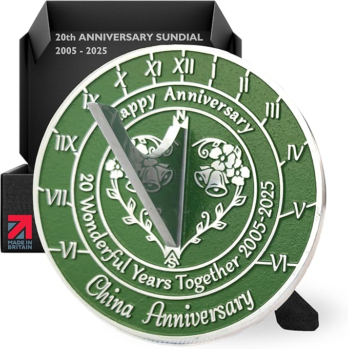 Anniversary Sundial Gift for 20th China Wedding Anniversary in 2025 - Recycled Metal Home Decor Or Garden Present Idea - Handmade in UK for Him, Her Parents Or Couples 20 Year Celebration