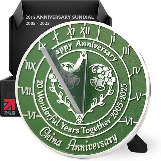 Anniversary Sundial Gift for 20th China Wedding Anniversary in 2025 - Recycled Metal Home Decor Or Garden Present Idea - Handmade in UK for Him, Her Parents Or Couples 20 Year Celebration