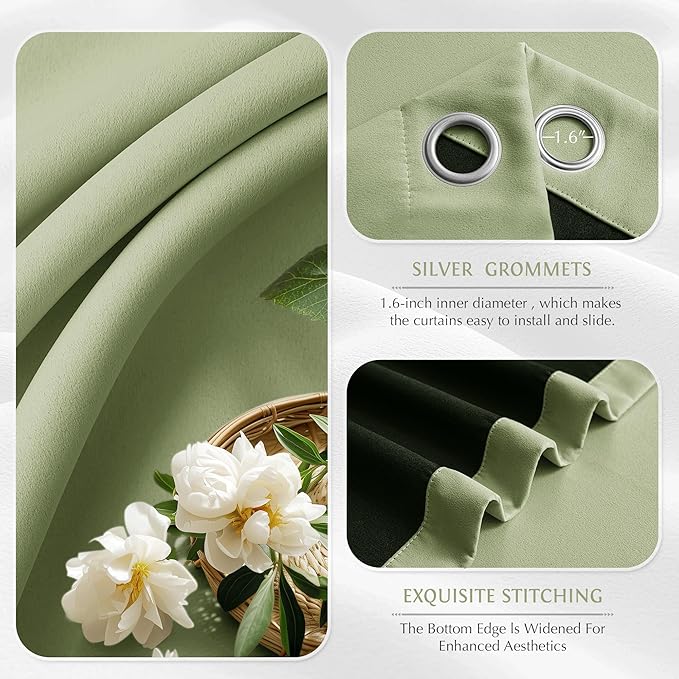 Beauoop Sage Green 100% Blackout Curtains 84 Inch Long 2 Panels for Bedroom Living Room Solid Room Darkening Thermal Insulated Soundproof Energy Saving Grommet Top Window Treatment Drapes,52x84 2 Set