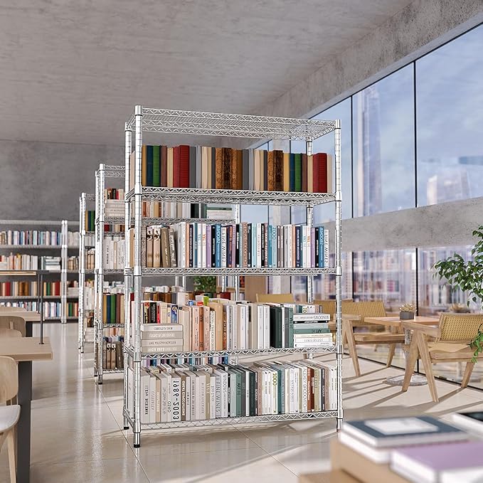 IZEUK 4250 LBS Garage Shelving Wide Storage Shelves 5 Tier Metal Shelves Heavy Duty Adjustable Utility Shelf Rack Chrome 17.7" D x 59.1" W x 70.4" H