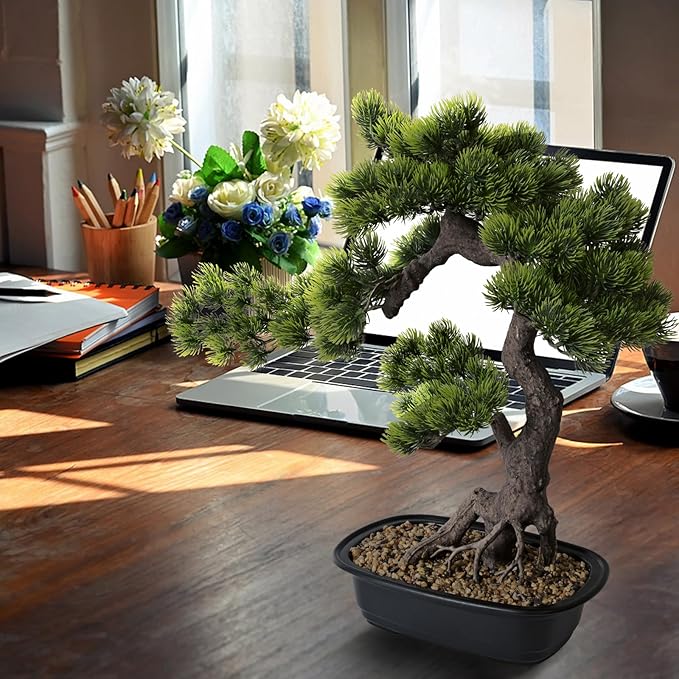 Artificial Bonsai Plant, Large Faux Juniper Plants 20 inch, Faux Potted Pine Plants Indoor Decor for Office Desk Home Table, Greenery Desktop Bonsai Tree for Room Decorations, Tall 20"