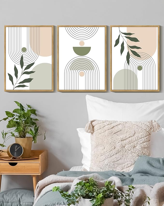 KUVIOKE Boho Green Sage Neutral Wall Art Framed Bohemain Botanical Geometric Modern Wall Decor Ready to Hang 12x16in (Natural Framed)