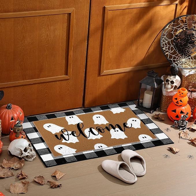 2 Pcs Halloween Door Mat White Ghost Welcome Non Slip Coir Mats Black White Buffalo Plaid Floor Layering Doormats Seasonal for Front Porch Entryway Decor(Plaid Ghost)