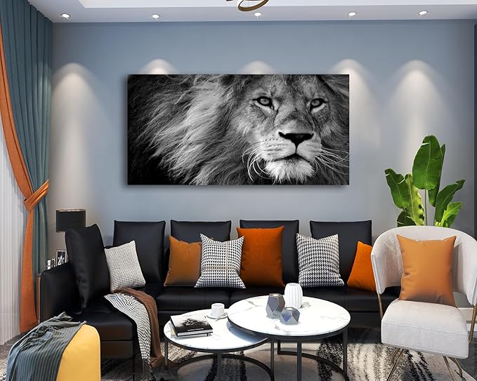 Baisuart-D0162 Canvas Prints Wall Art Grey lion Stretched Canvas Wooden Framed for living Room Bedroom and Office