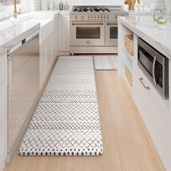 KIMODE Anti Fatigue Kitchen Mats 2PCS 17"x59"+17"x29", Cushioned Boho Kitchen Runner Rugs,Non Slip Waterproof Kitchen Mats for Floor,Comfort Standing Desk Mat for Home,Sink,Laundry,Brown and White