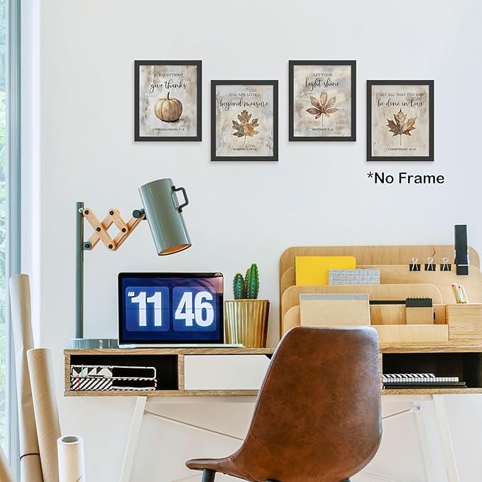 TLESKE Rustic Fall Christian Pumpkins Maple Leaves Posters Prints Unframed Set of 4 for Farmhouse Bedroom Living Room Kitchen, Vintage Autumn Wall Art Prints Decor, Thanksgiving Wall Pictures, 8x10