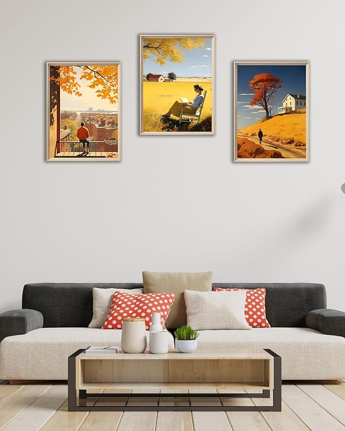 UPWOIGH Framed Wall Art, Edward Hopper Wood Canvas Wall Art,Autumn decor,12"x16" Cotton Pattern Vintage Poster Wall Decor Aesthetic for Living Room Bedroom,Set of 3,Accessories