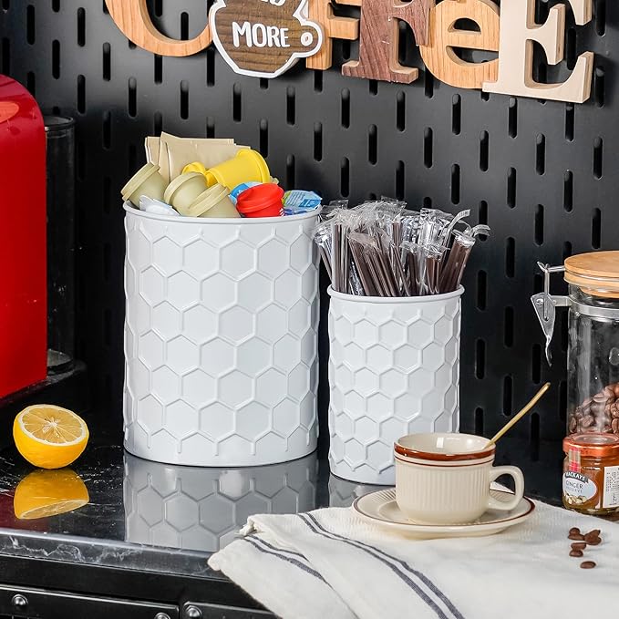 2 Pack Metal Utensil Holder for Kitchen Counter, 7.3"+5.4" Large Cooking Utensil Organizer Honeycomb Pattern Embossed Utensil Caddy for Party Cutlery Tool Holder Storage, White