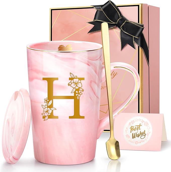 Personalized Ceramic Coffee Mug Gifts for Women, 14 Oz Pink Initial Customized Gift Coffee Mug with Lid, Birthday Christmas Mother's Day Gifts for Her Wife Mom Grandma Friend Sister Unique,H