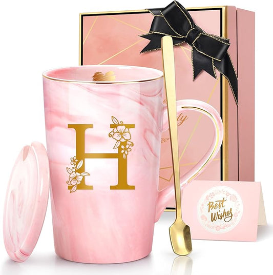 Personalized Ceramic Coffee Mug Gifts for Women, 14 Oz Pink Initial Customized Gift Coffee Mug with Lid, Birthday Christmas Mother's Day Gifts for Her Wife Mom Grandma Friend Sister Unique,H