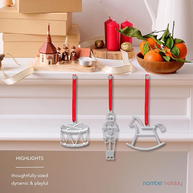 Nambe 2022 Miniature Ornament Set – Silver-Plated Rocking Horse, Nutcracker and Drum Christmas Ornaments, Holiday Tree Decorations or Collectible Keepsake Gift, Elegant Silver Plate Finish