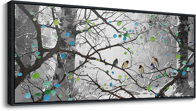 YCPRIMER Grey Wall Art Bird on Branch Misty Forest Canvas Artwork Modern Framed Canvas Painting Decorative Wall Art Home Decor Can Be Hung Directly Dining Room Living Room Bedroom Office Size 70x31 Inches