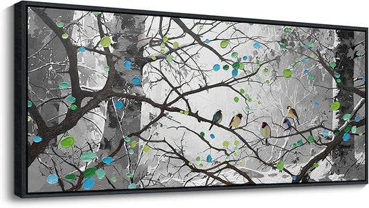 YCPRIMER Grey Wall Art Bird on Branch Misty Forest Canvas Artwork Modern Framed Canvas Painting Decorative Wall Art Home Decor Can Be Hung Directly Dining Room Living Room Bedroom Office Size 70x31 Inches