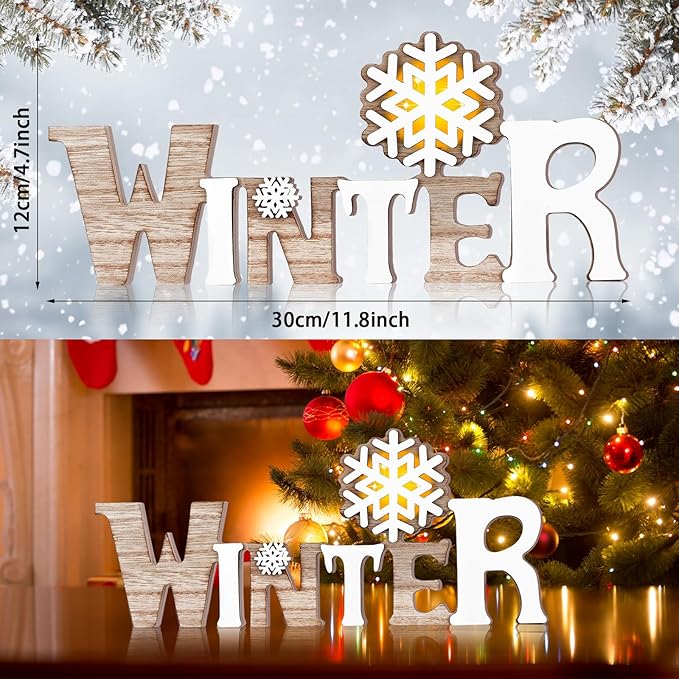 Geetery Winter LED Wooden Sign Rustic Wooden Words Sign Tabletop Centerpiece Decor Winter Snowflake Decorations for Table Home Indoor Party