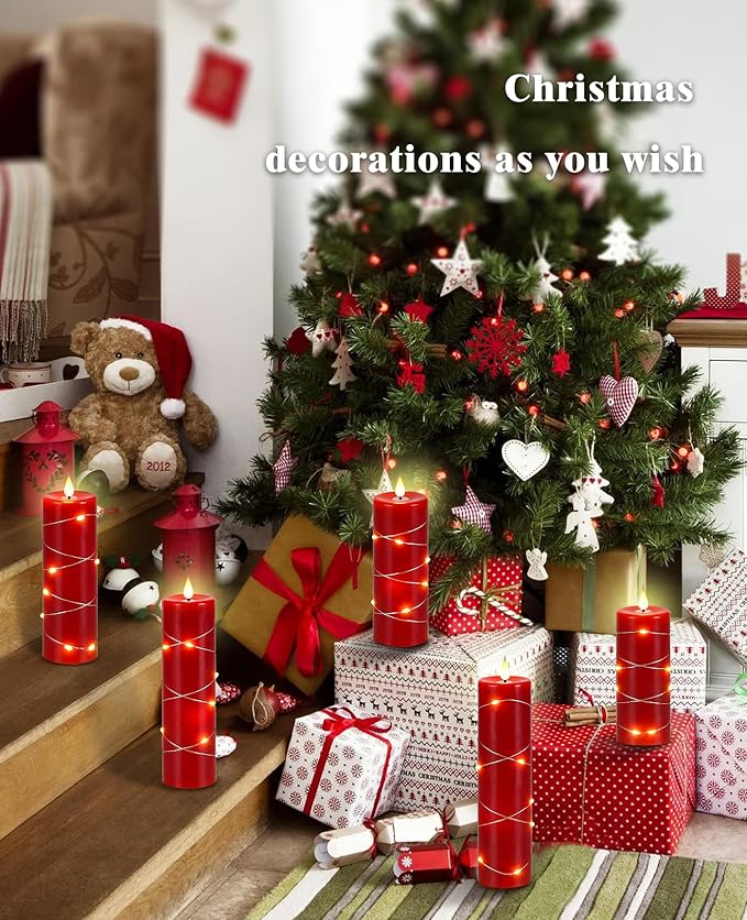 Da by Red Flameless Candles with String Lights, Battery Operated Candles with Remote Control and Timer,Flickering LED Pillar Candles for Home Décor,Real Wax,5 Pack -Red