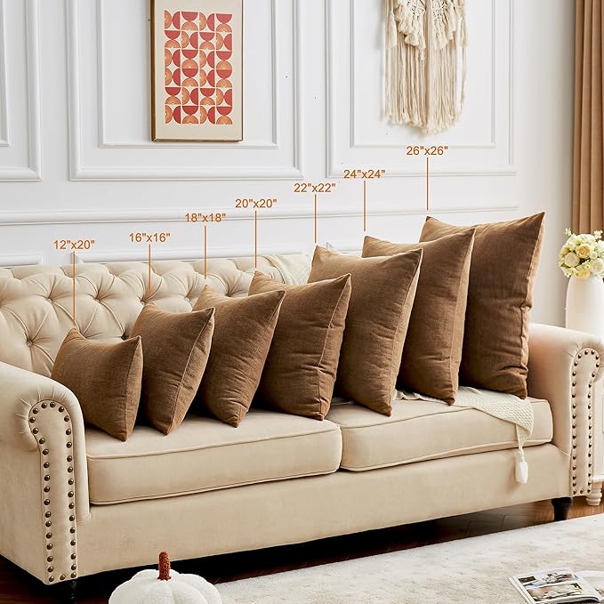 GAWAMAY Decorative Chenille Throw Pillow Covers 26x26 Inch Pack of 2, Soft Square Couch Pillow Cover for Sofa Cushion Living Room Bedroom Solid Dyed Oversized Pillowcases Brown 66x66cm (ONLY Covers)