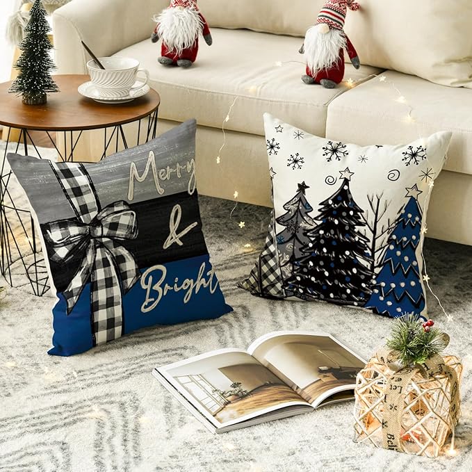 AVOIN colorlife Merry Christmas Joy Xmas Trees Blue and Black Throw Pillow Covers, 16 x 16 Inch Christmas Winter Holiday Cushion Case Decoration for Sofa Couch Set of 4