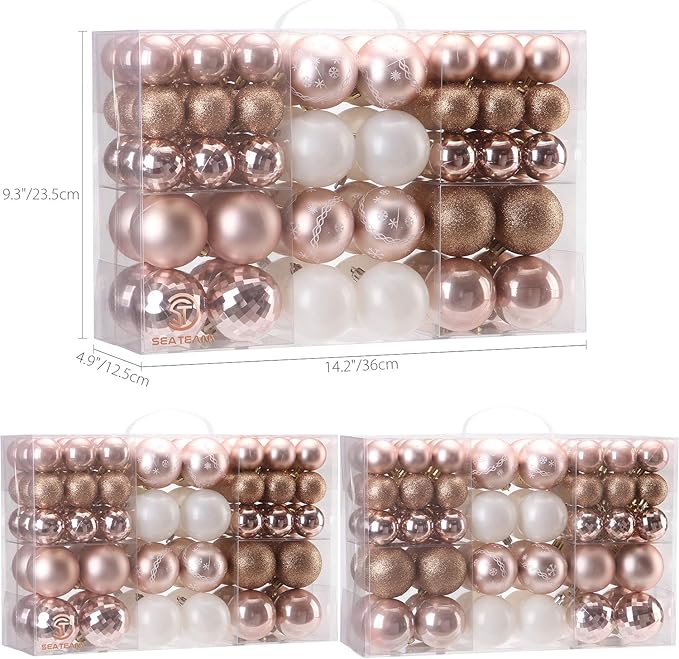 Sea Team 86-Pack Shatterproof Rose Gold Christmas Ball Ornaments Set, Assorted Multi-Sized Hanging Baubles, Xmas Tree Decorations, Seasonal Décor for Holiday Wreath Garland, Hooks Included