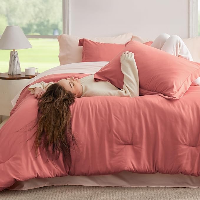 Bedsure Full Size Comforter Set - 7 Pieces Coral Full Bedding Set for All Seasons, Boho Contrasting Design Bed in a Bag with Comforter, Sheets, Pillowcases & Shams