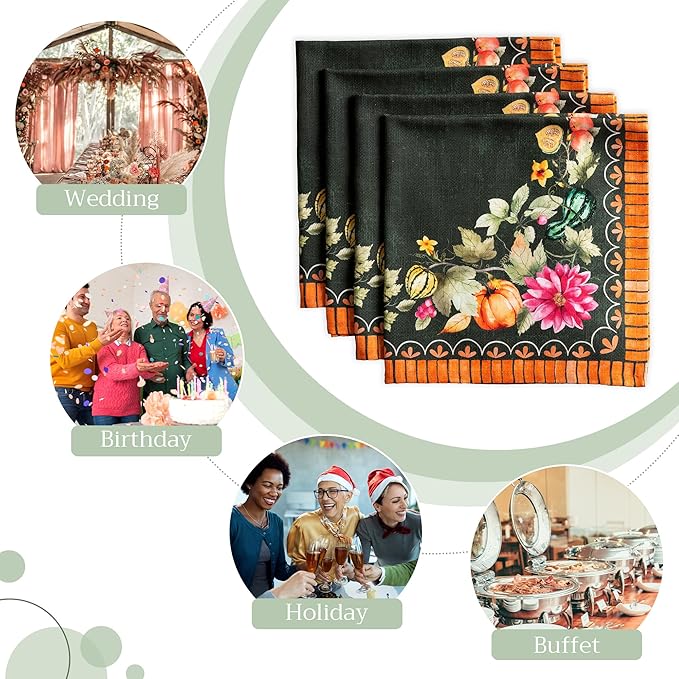 Maison d' Hermine Cloth Napkins Set of 4 100% Cotton Everyday Reusable Square Napkins Cloth Washable, Dinner, Party, Wedding, Restaurant (Pumpkin Garden - Dark Green, 20" x 20")