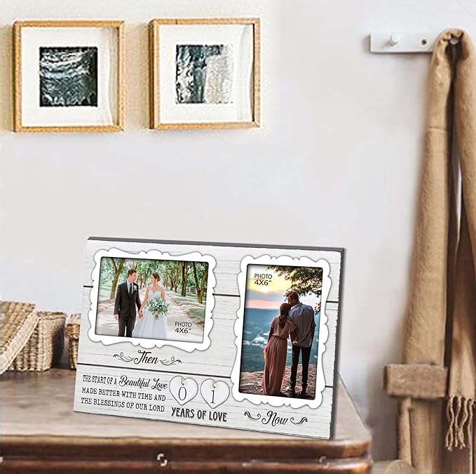 White Farmhouse Wife and Husband 2 Slot Picture Frame Holds 4X6 Inches Photos,1-99 Years of Love Anniversary Wedding Marriage Blessing Gifts for Couples