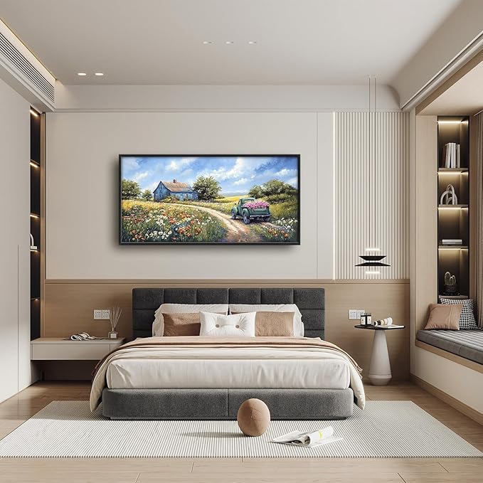 Flintis Large Farmhouse Barn Framed Wall Art Country Green Truck Flowers Pictures Wall Decor Abstract Canvas Painting Print Artworks Decor Framed for Living Room Bathroom Master Bedroom 60L X 30W