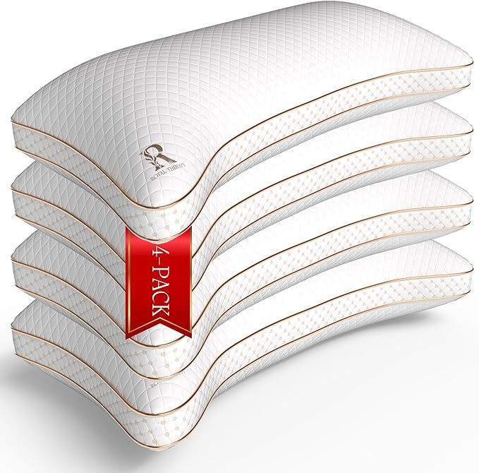 Royal Therapy King 4-Pack Memory Foam Pillow, Adjustable Shredded Odor-Free Pillow for Neck & Shoulder Pain Relief, Support for Back, Stomach, Side Sleepers BioForm