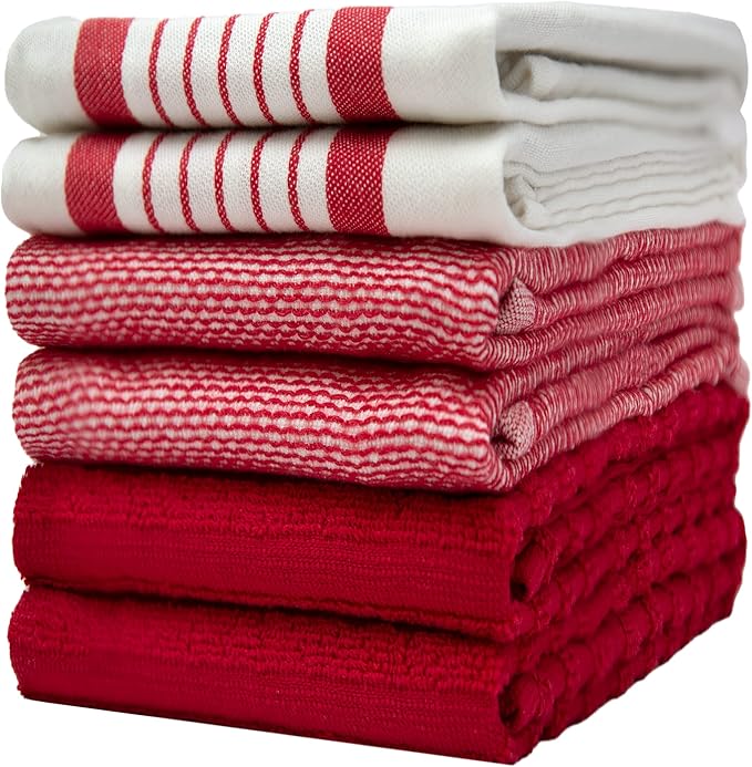 Premium Kitchen Towels (20”x 28”, 6 Pack) – Large Cotton Kitchen Hand Towels – Striped Flat & Terry Towel – Highly Absorbent Tea Towels Set with Hanging Loop – Red