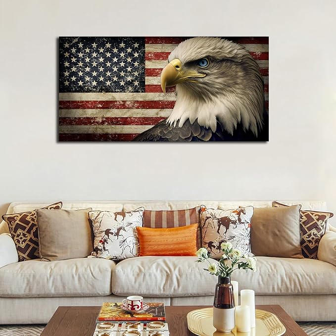 yearainn American Flag Wall Art - Flag of USA with Eagle Canvas Pictures for Wall Decor Patriotic Canvas Printing Artwork Vintage Rustic Design for Living Room Home Office Wall Decoration 29" x 58"