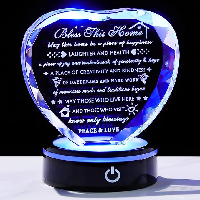 YWHL House Warming Gifts New Home Housewarming Gifts for Women Men Crystal Heart Keepsake with LED Base Home Warming Gift Couple Presents House Blessing Warming Gift New Apartment