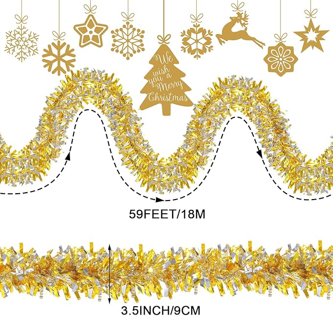 Dingion 59 Feet Christmas Tinsel Garland Metallic Twist Ornaments Hanging Glitter Xmas Garland for Christmas Tree Indoor Outdoor Decoration Party Supplies