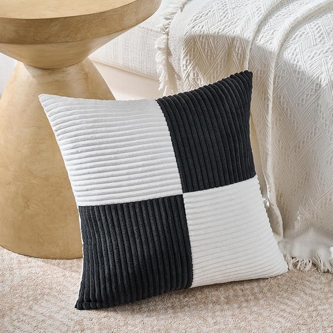 Fancy Homi Set of 4 Black and White Decorative Throw Pillow Covers 20x20 Inch for Living Room Couch Bed Sofa, Farmhouse Boho Home Decor, Soft Cross Corduroy Patchwork Accent Square Cushion Case 50 cm