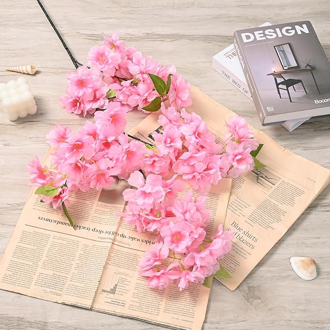 Sunm Boutique Pink Faux Cherry Blossom Branches, Artificial Cherry Blossom Stems Cherry Blossom Flowers Vase Arrangements for Wedding Home Party Kitchen Decor, Set of 3